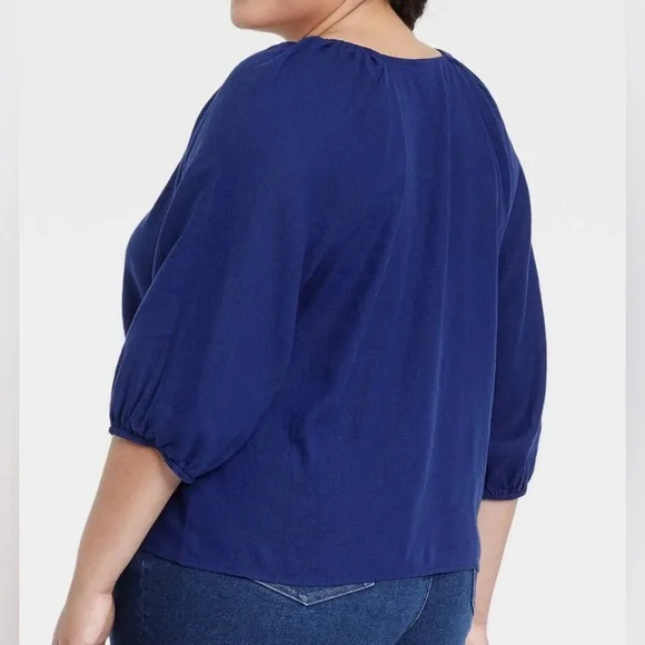 Ava & Viv Royal Blue Ruched Drawstring Front Linen Blend Top Size 14W - Picture 2 of 6